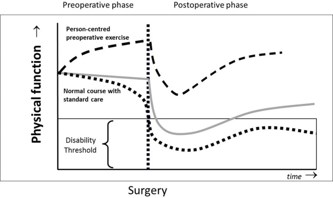 Figur visar förhåålandet mellan fysisk funktion och operationstid
