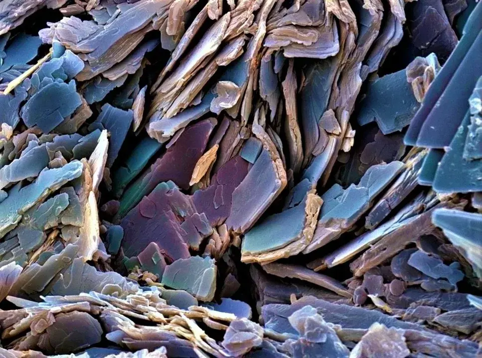 Färgad skanningelektronmikrograf av en gallsten från människa ser ut som grå skiffer.