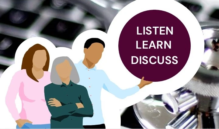 Tree people are pointing towards the words Listen, Learn, Discuss