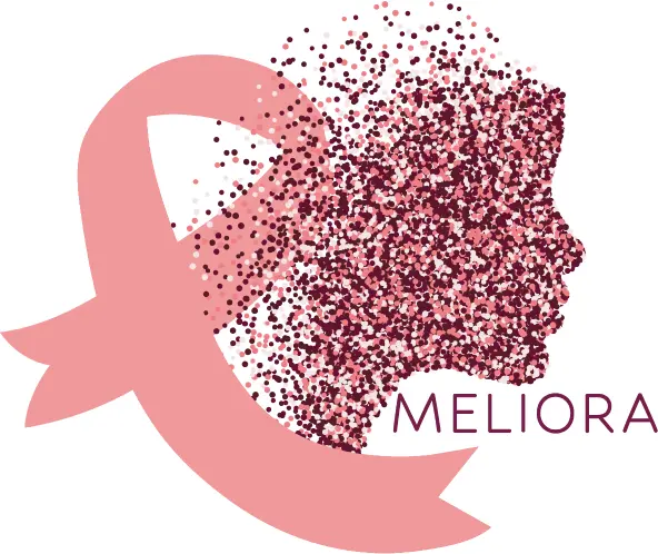 Logo with the pink ribbon and dots in different shades of pink and burgundy forming the silhouette of a woman's head.