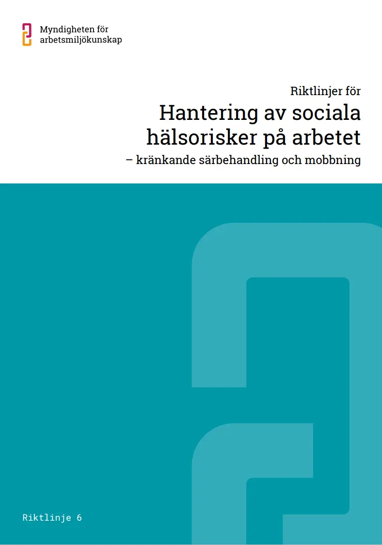 Första sida med titeln Riktlinjer för hantering av sociala hälsorisker på arbetet – kränkande särbehandling och mobbning