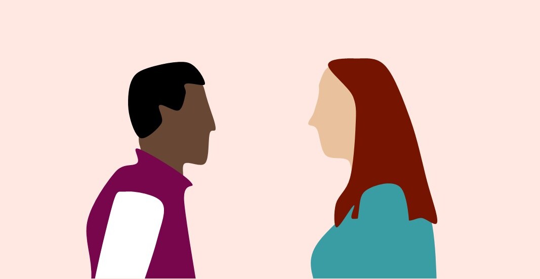 Graphic drawing of two people talking to each other.