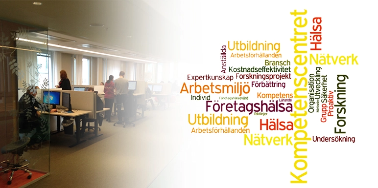 En kombinerad bild på ett kontor och ett ordmoln. I ordmolnet förekommer bland annat komptenescentrum, företagshälsovård, hälsa, arbetsmiljö etc.