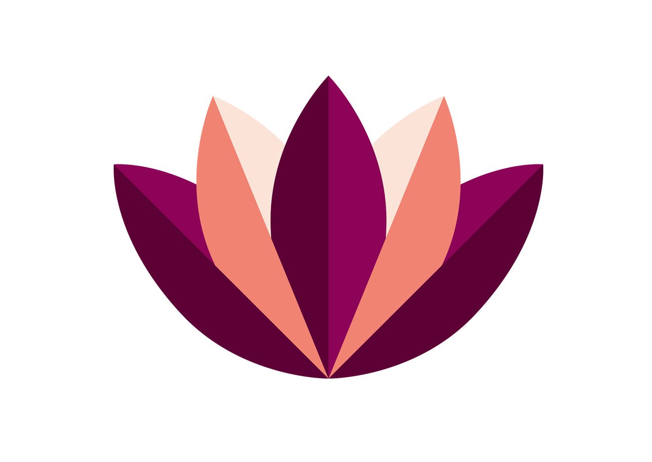 A graphic shape resembling a water lily with pointed petals in KI's profile colour plum purple and lighter shades.