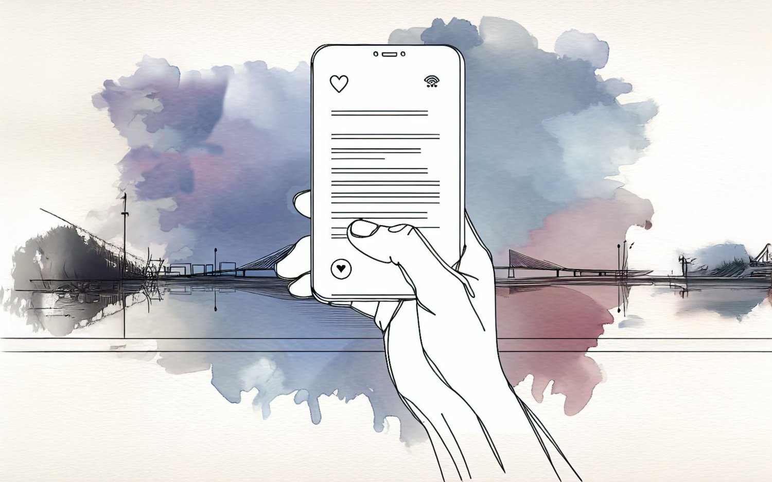 AI generated drawing of a hand holding a smartphone with text on the screen. In the background you see a city skyline.