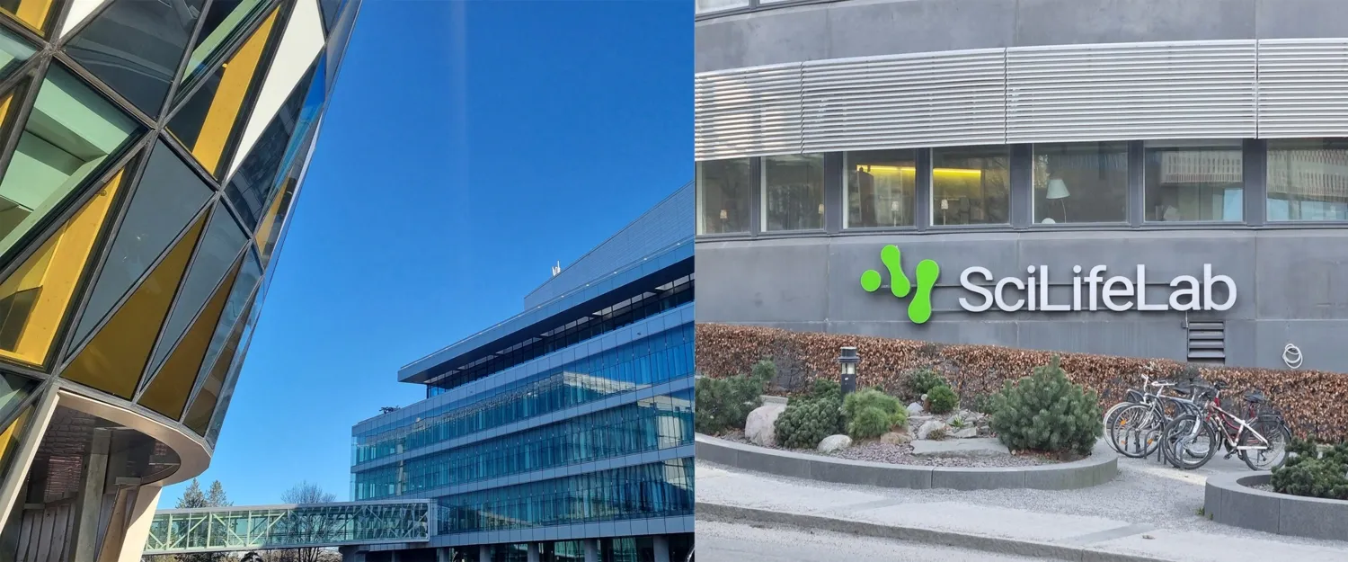 Photo collage showing a view towards BioClinicum and a photo of the SciLifeLab-sign.
