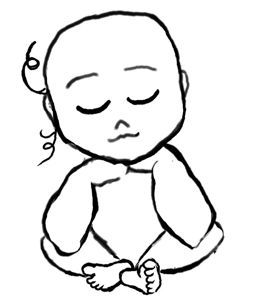 Black and white sketch of a child sitting cross-legged.