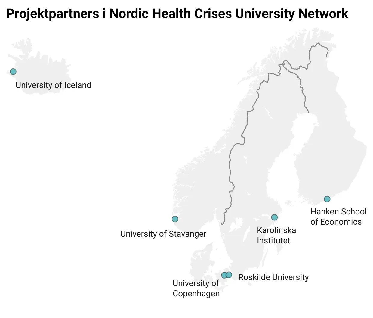 Karta över Norden med punkter som visar var universiteten som ingår i Nordic Health Crises University Network