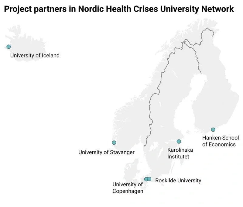 Map of the Nordics showing where the universities that are part of the Nordic University Health Crises Network are located