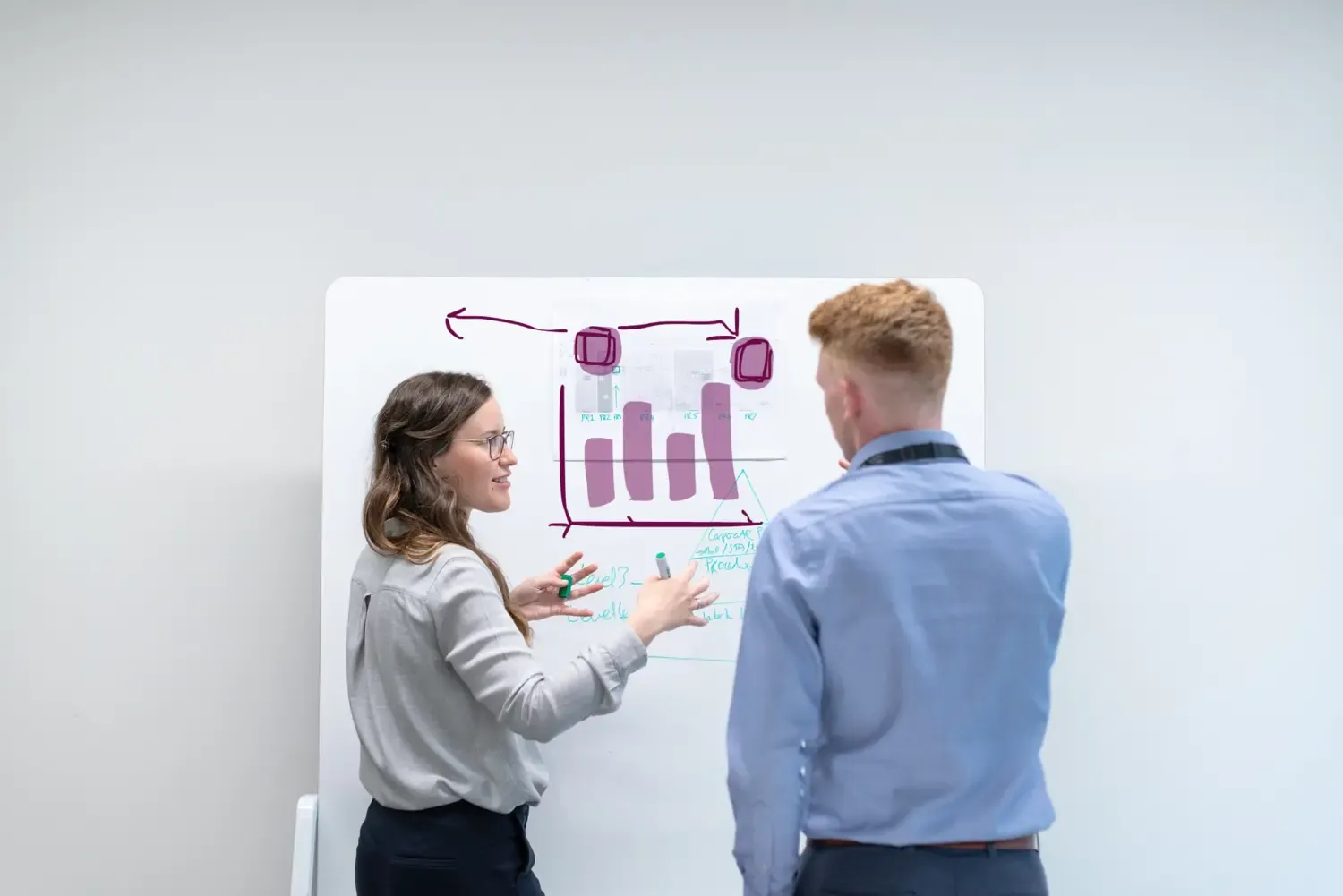 Två personer står framför en whiteboard-tavla och diskuterar och ritar.