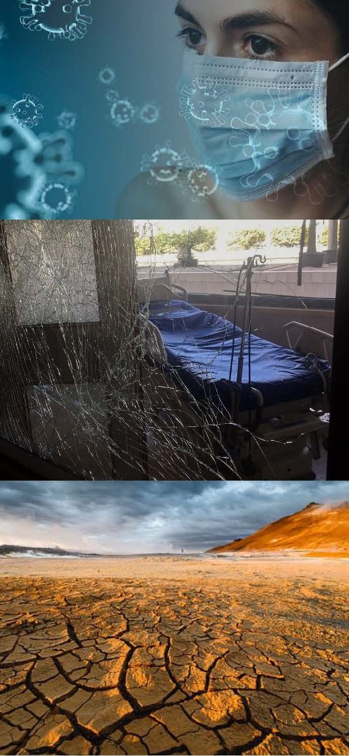 Kollage med tre bilder. Från toppen: kvinna med munskydd, sprucket glas i dörren till ett sjukhusrum, landskap i torka