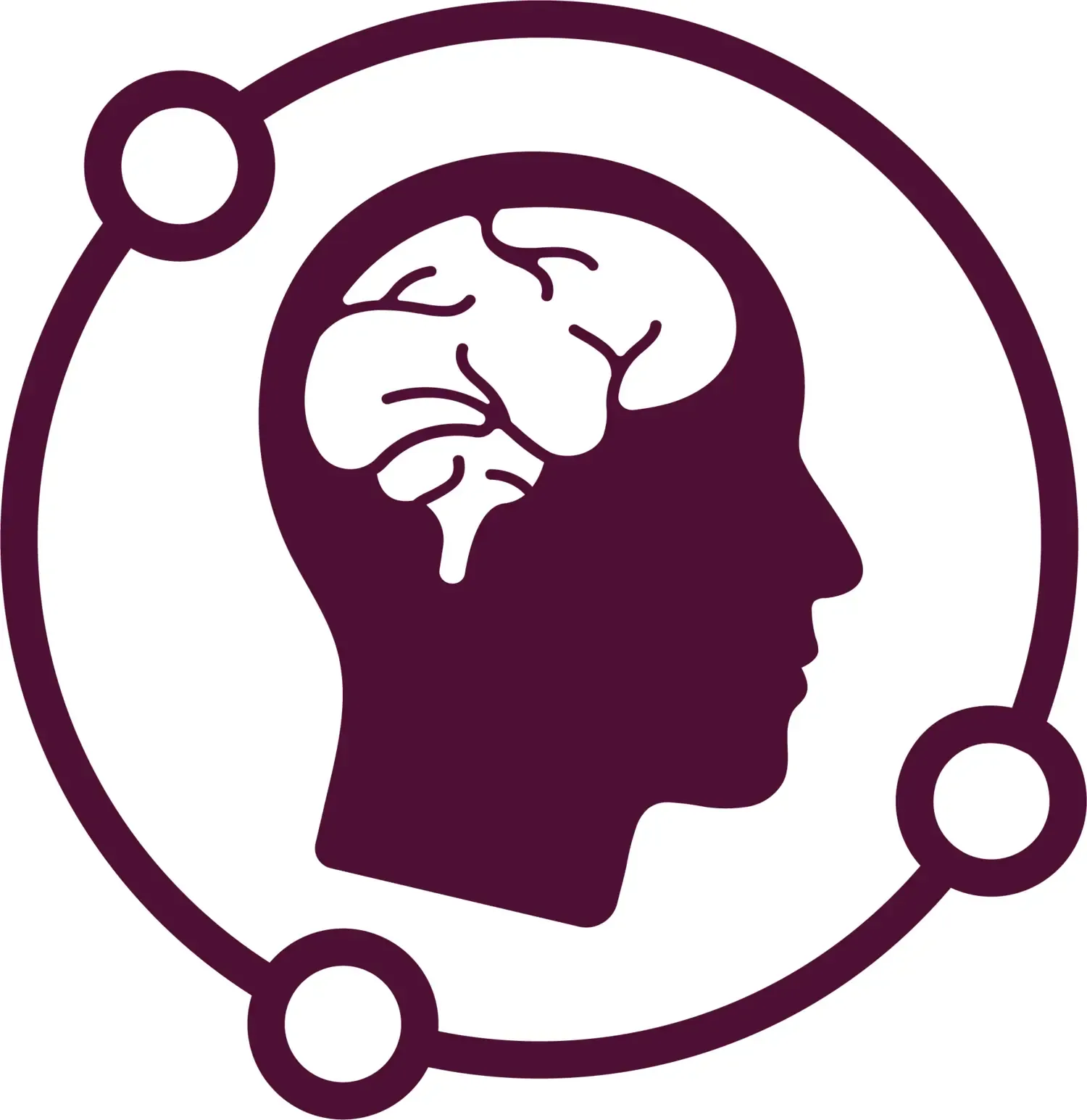 person in profile in KI's plum colour, where the brain is visible in white and a circle surrounds the head shape.