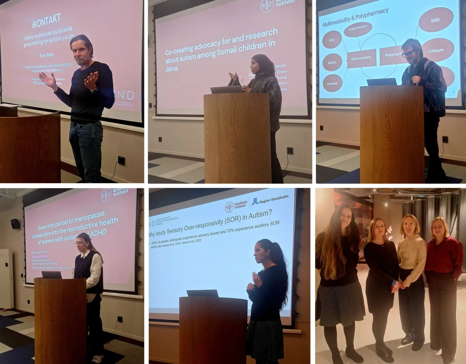 Collage of speakers in front of presentations.