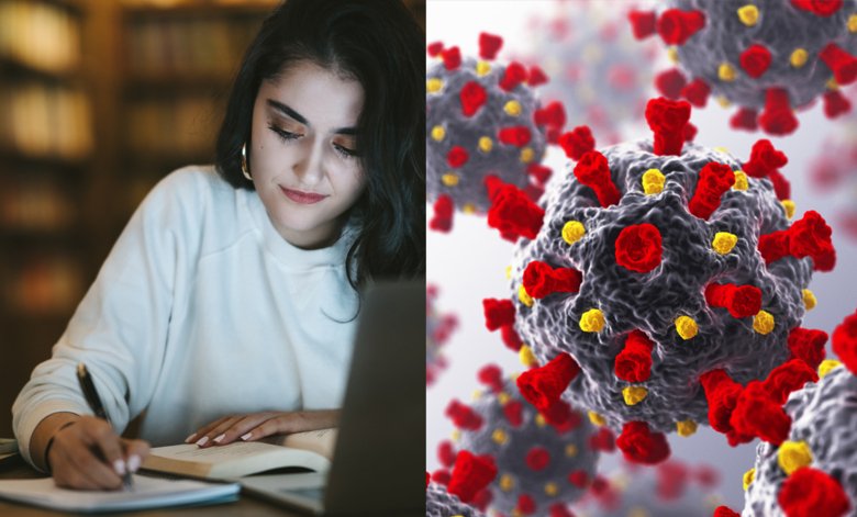 Student studying from home, SARS-CoV-2 and test tube