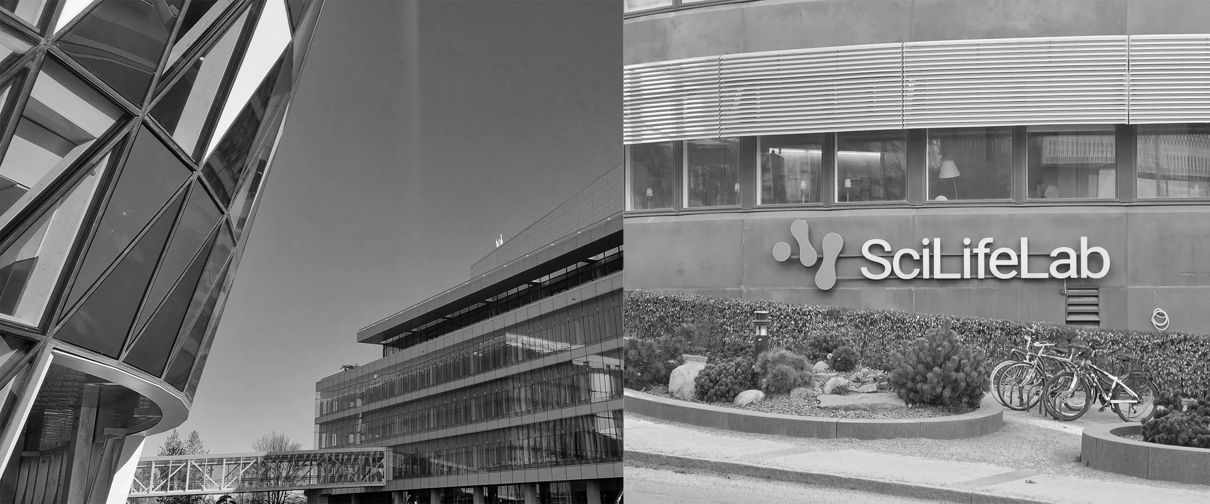 Bildkollage som visar vy mot BioClinicum samt foto av SciLifeLab-byggnad.