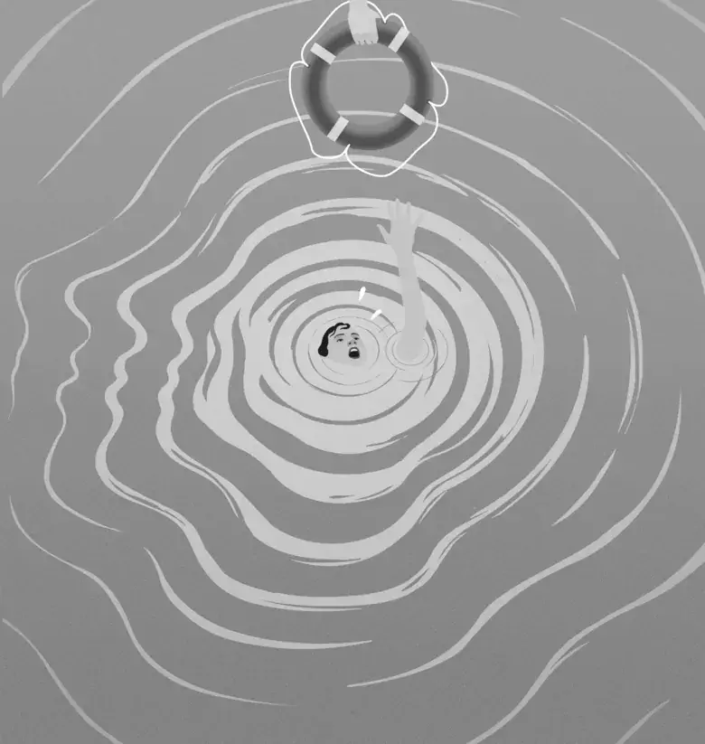 Illustration of a person in the water, almost drowning and reaching for a life saver.