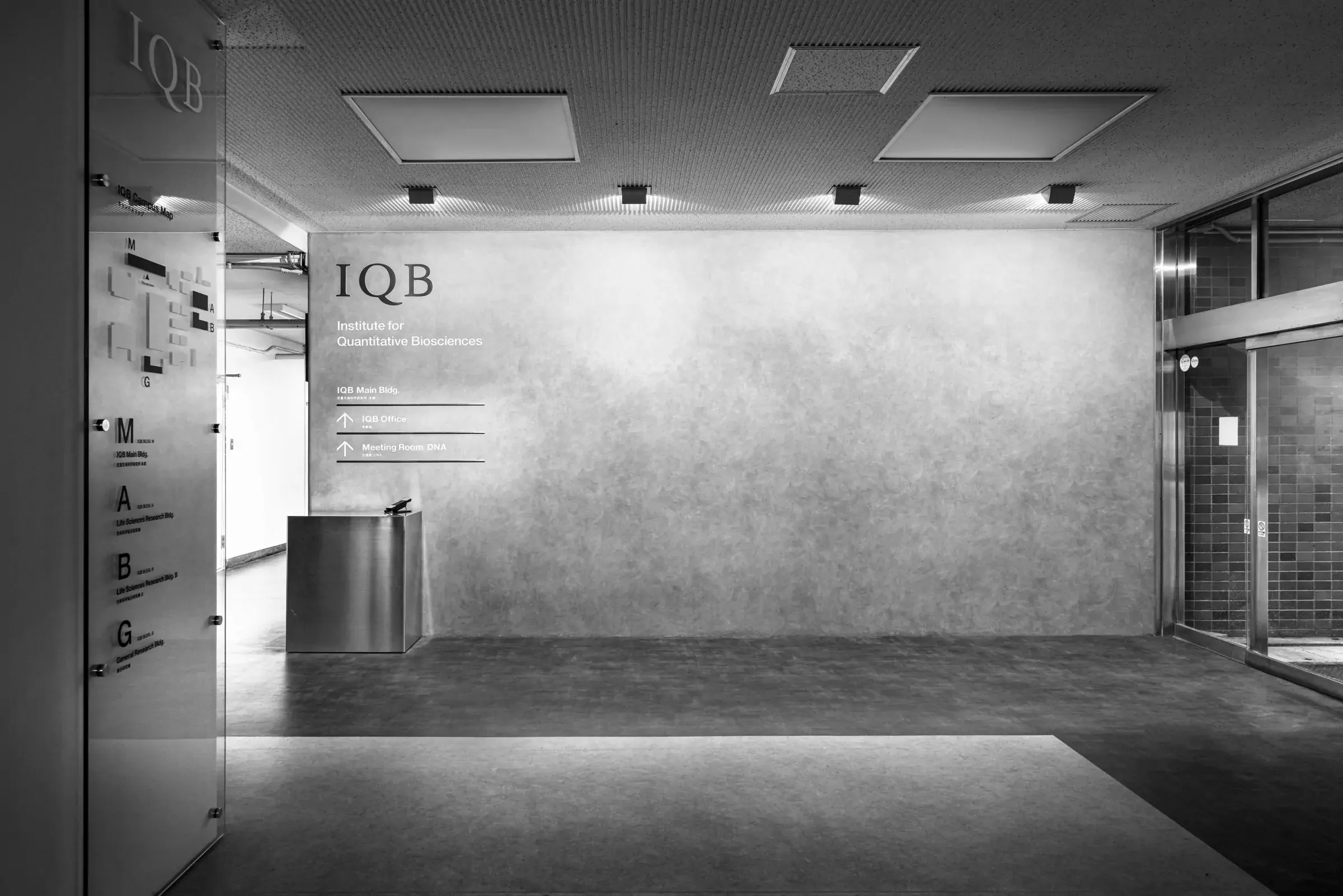 building entrance with the entrance door to the right and a corridor to the left. Brown-grey colours