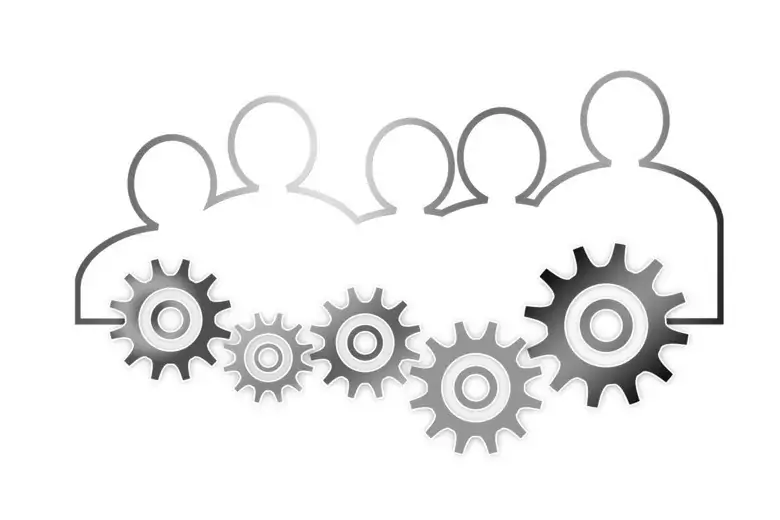 Illustration med stiliserade människor och kugghjul som ska symbolisera samarbete.