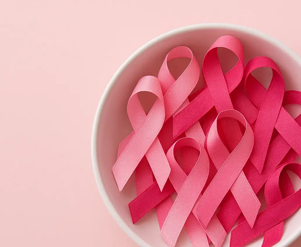 En skål med rosa bröstcancerrosetter