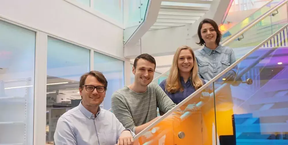 Gruppfoto på fyra personer som står i en trappa och tittar mot kameran.