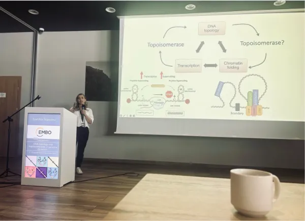 Woman stands in front of a huge screen presenting her research project.