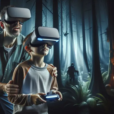 Tecknade bild av förälder och barn som spelar VR i mörk skog