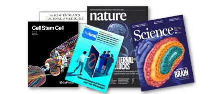 Montage of journal covers: NEJM, Cell Stem Cell, BMJ, Nature and Science.