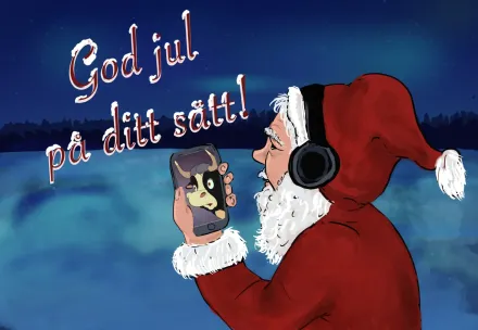 Tomte tittar på skärm med lurar.